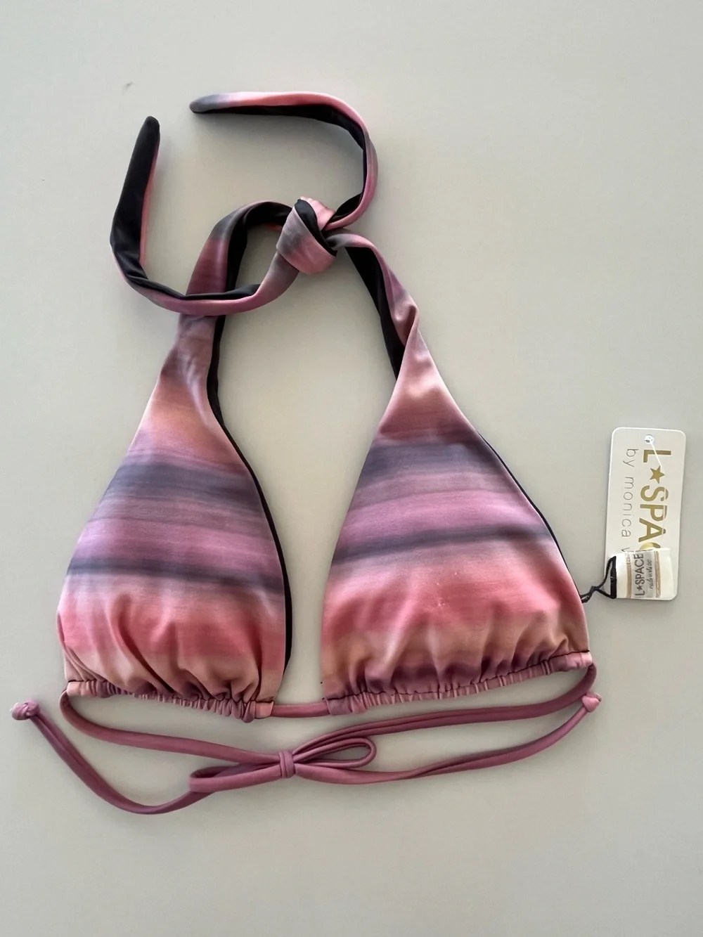 L*Space by Monica Wise Reversible Halter Bikini Top Pink Ombré / Dark Grey Sz S